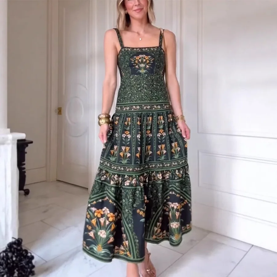 Boho Sling Long Dress Fashion Print Sleeveless Large Swing Party Evening Dresses Casual Retro Holiday Robe Women's Clothes 2025