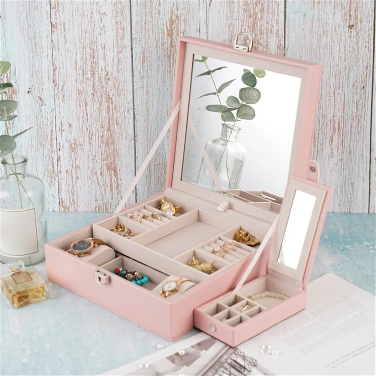 ABQR Girly Pink Jewelry Box Jewelry Fashion Storage Leather Box Jewelry Ring Jewelry Box for Jewelry Storage and Display