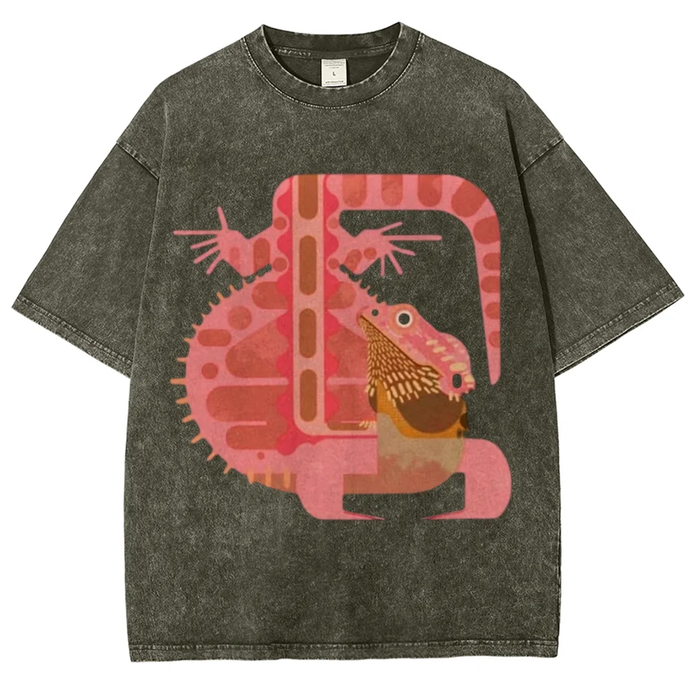 Womens Oversized Black T Shirt Vintage Acid Wash Lizard Print Casual Short Sleeve Summer Daily Streetwear Top