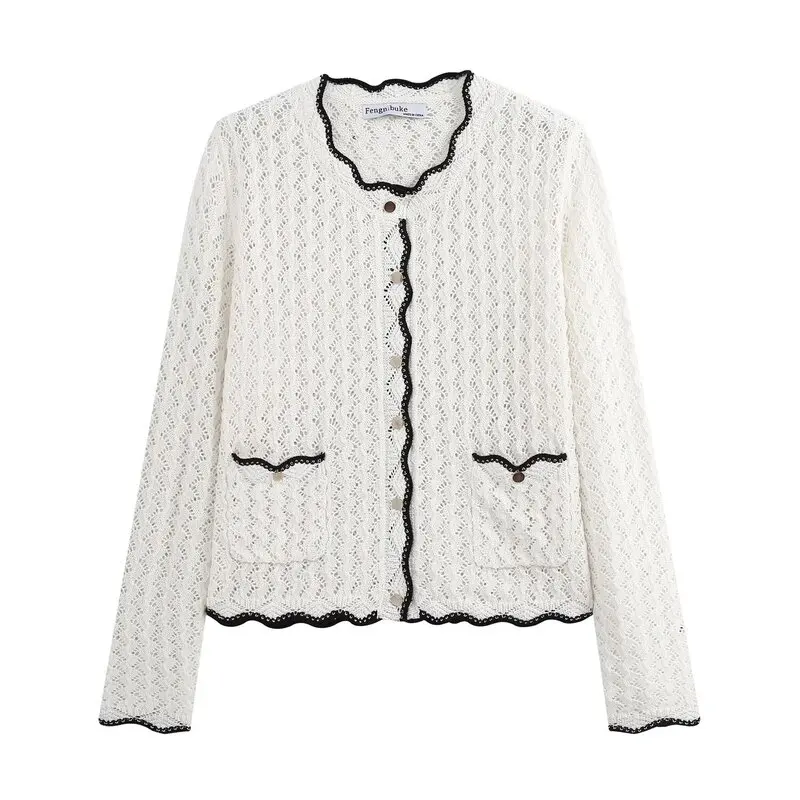 Fall 2026 Women's Knitted Open Cardigan Embroidered Hollow out Color Block Lace Design Commute Style Slim Fit Fashion Trend