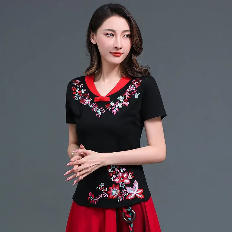 

Cheongsam, женские топы больших размеров, лето 2023, хлопковые рубашки с v-образным вырезом и короткими рукавами, женские рубашки Ципао в китайском стиле