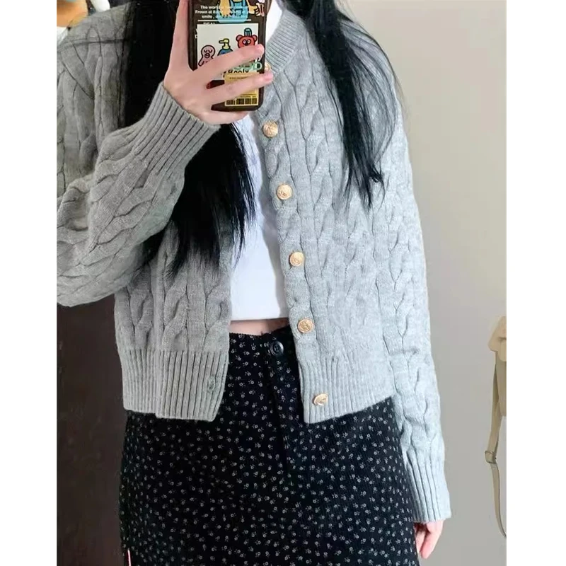 Women Fashion Cardigan Knitted Sweater New Long Sleeve Gray Buttons Short Coat Ladies Elegant O Neck Korean Style Casual Clothes