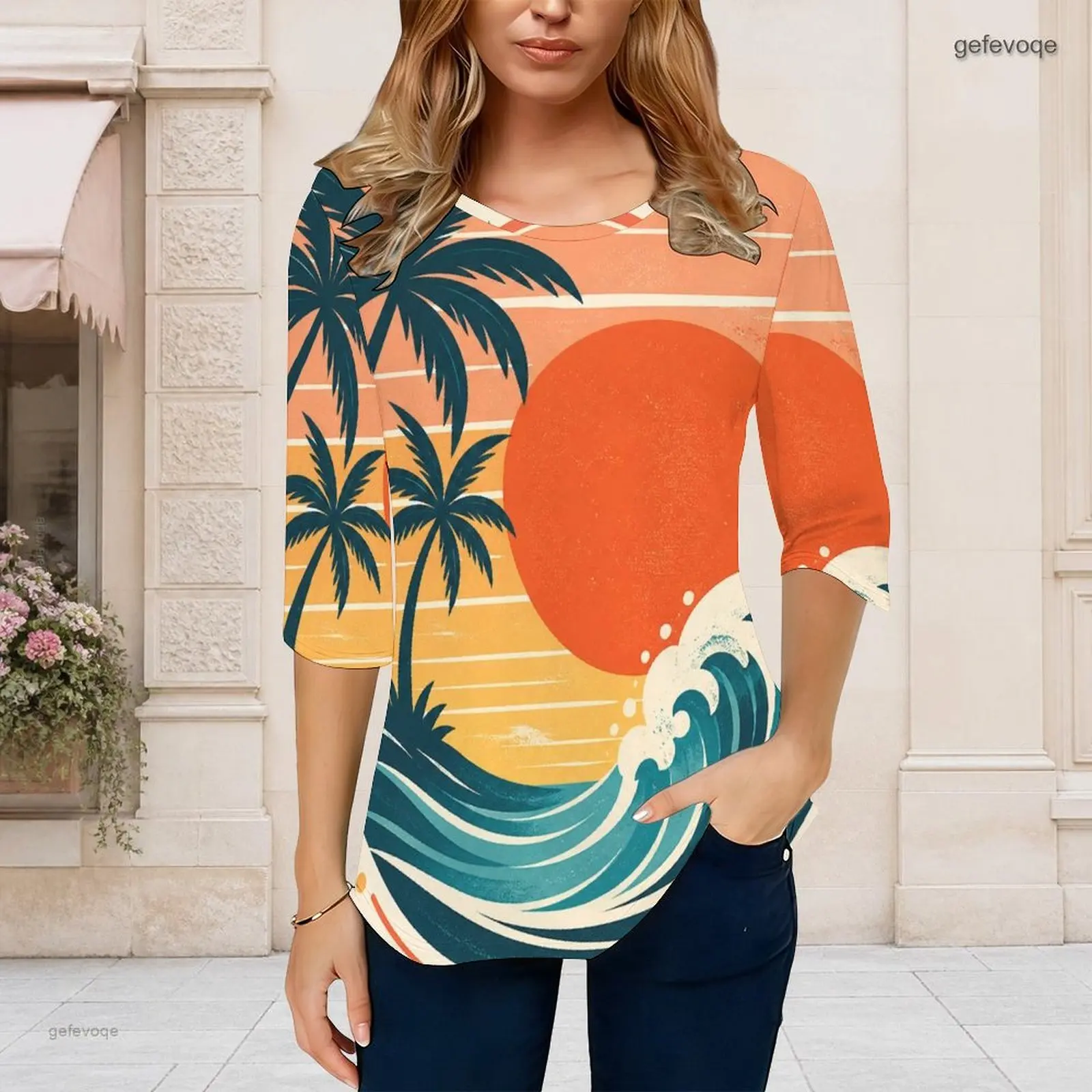 Women Palm Tree Sunset Ocean Wave Print Round Neck 3/4 Sleeve Curved Hem Top