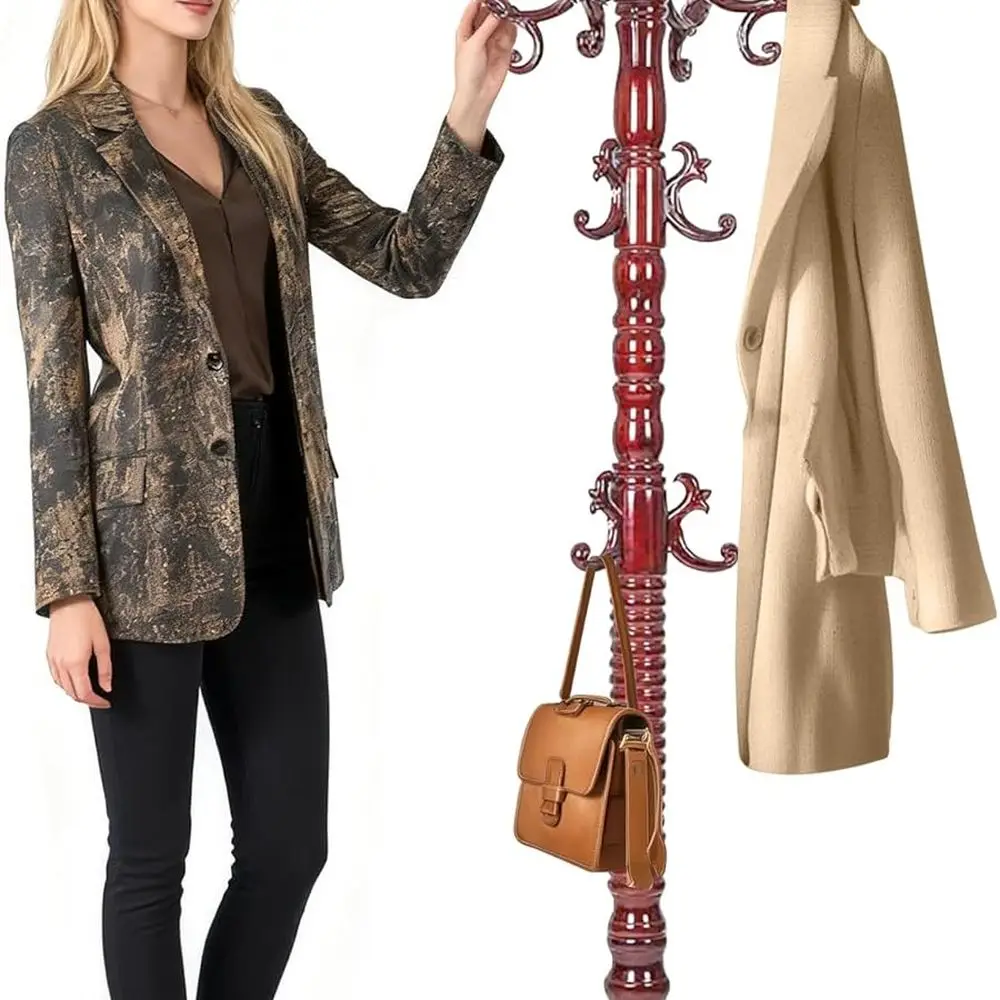 رف معطف عتيق قائم بذاته، حامل رف معطف مع 18 خطافًا وقاعدة خشبية صلبة مستديرة قوية، ثلاثة مستويات قابلة للتعديل لغرفة النوم #6