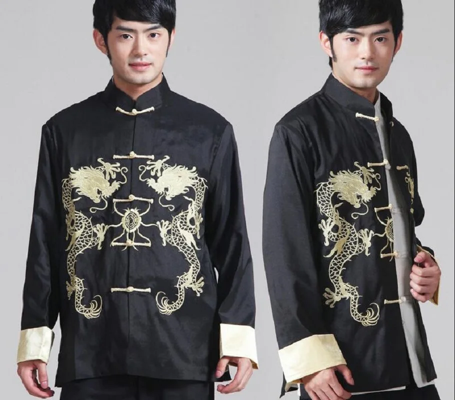 Wholesale Hot Sale New Chinese men's Embroidery Dragon Kung FU Jacket Satin Long Sleeve Tang Suit Coat Leisure Jackets