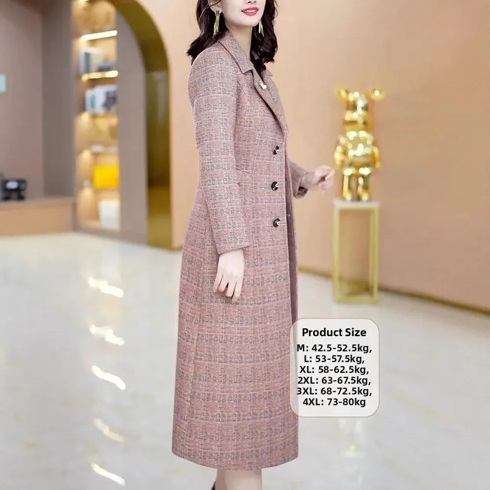 Tartan Knee-Length Woolen Coat Women's Autumn Winter Fashion Slimming Midi Coat Short Outerwear Casual Style Long Sleeve