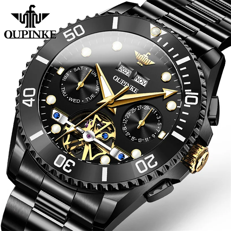 OUPINKE Top Brand Men Watches Automatic Mechanical Watch 50M Waterproof Stainless Steel Skeleton Design Watches Reloj de hombre