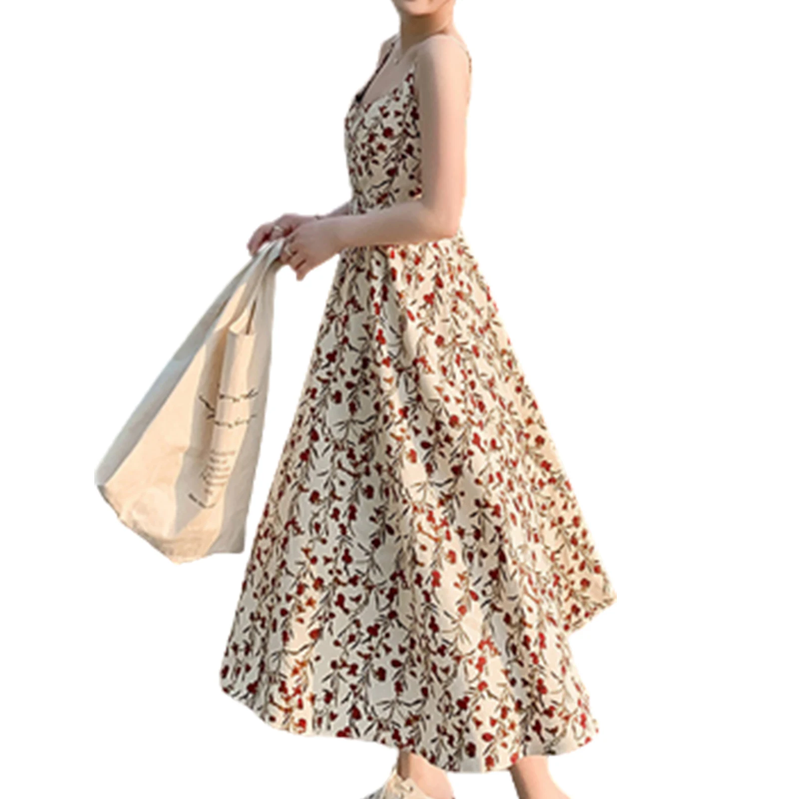 

Summer Female Floral Sling Dress Round Neck Sleeveless Waist Shrinking Dress for Party Wedding Wear