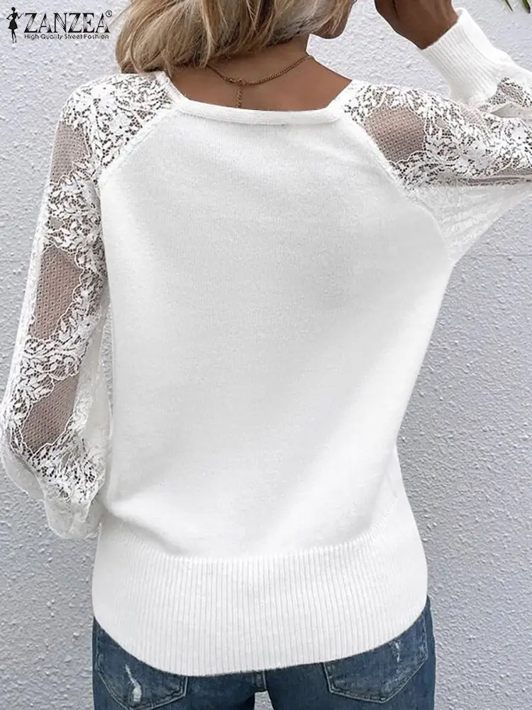 ZANZEA Long Sleeve 2023 Fashion Shirts Sexy V Neck Casual Autumn See-through Blouse Women Elegant Lace Splicing Knitted Tops