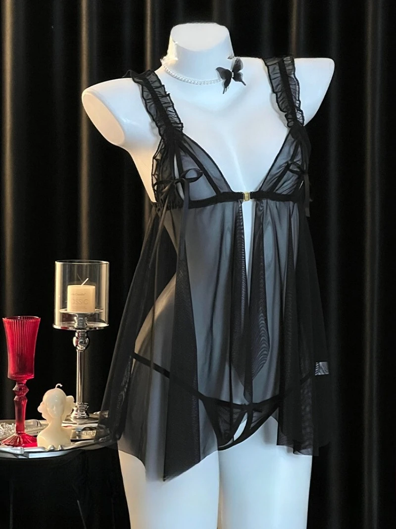 

Hot and Sexy Sheer Slit Sleeping Dress Women–Romantic Black Halter Mini Skirt,Seductive Lingerie with See-Through Design,Perfect