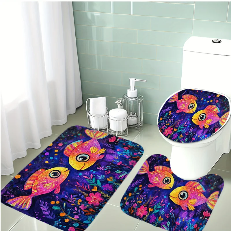 

Cute Fish 3pc Bath Set – Deep Purple-Blue, Flannel Soft & Non-Slip, Toilet Cover + U Mat + Floor Rug, Floral Ocean Decor