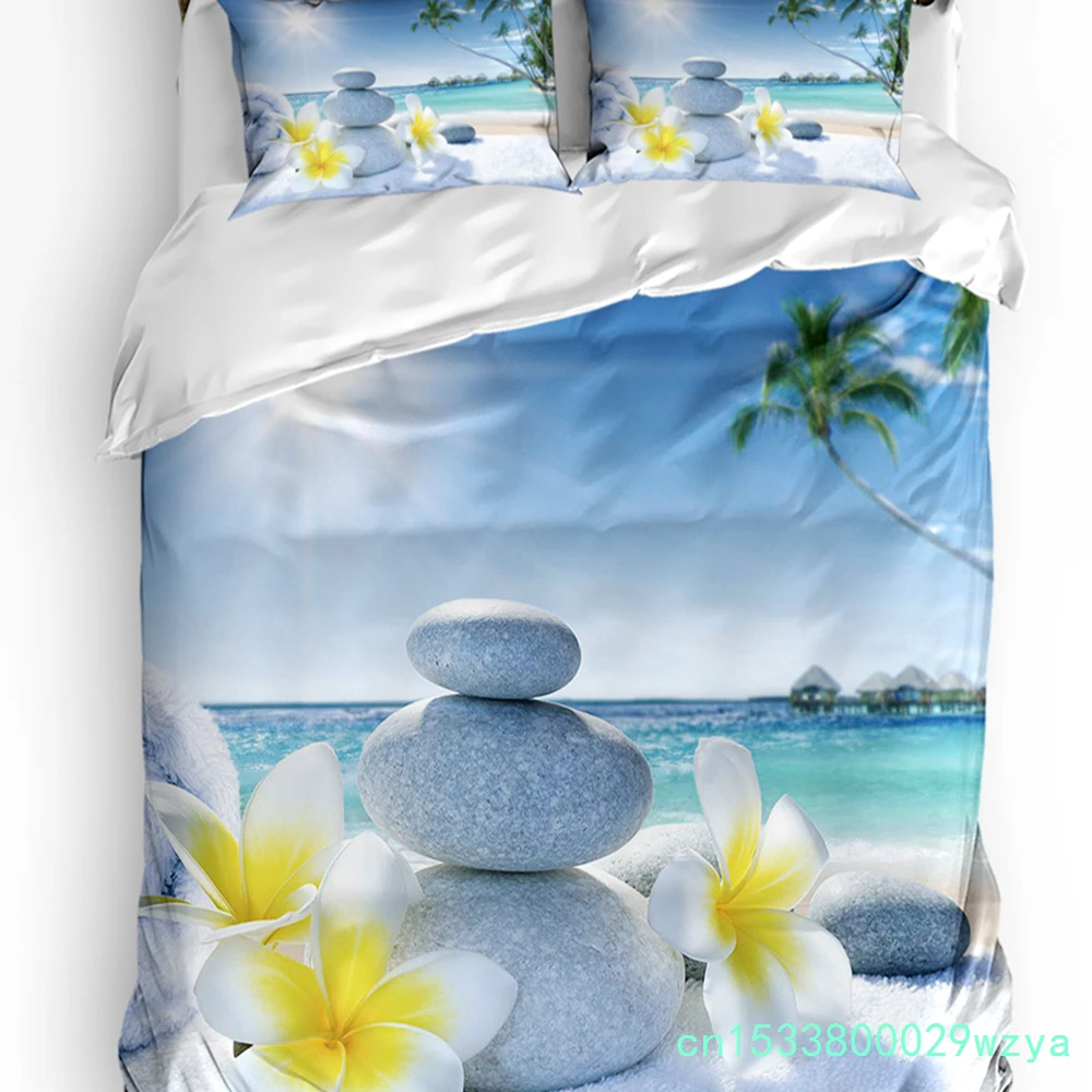 Zen Stones Flowers Tropical Ocean Duvet Cover With Pillow Case Custom 3pcs Bedding Set Quilt Cover Double Bed Home Textile