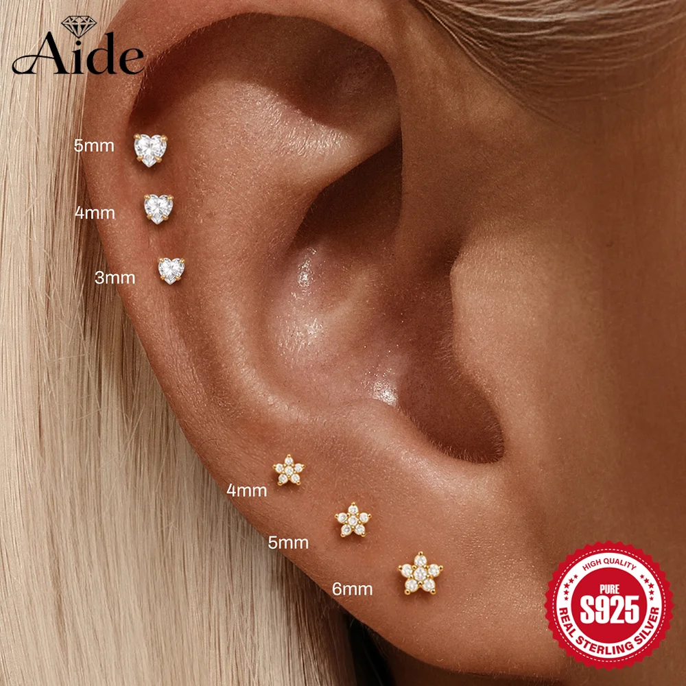 AIDE 925 Sterling Silver 16G Post Multi Sized Heart/ Flower/ Stars Crystal For Women Cartilage Helix  Piercing Earrings Sets