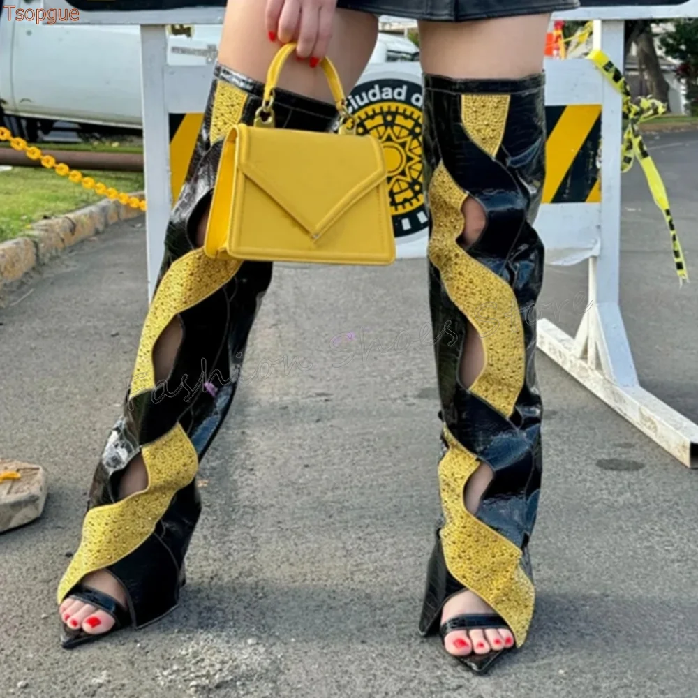 

Crystal Cut Out Splicing Sandals Boots Pointed Toe Thin High Heels High Heel Shoes for Women Heels 2025 New Zapatos Para Mujere