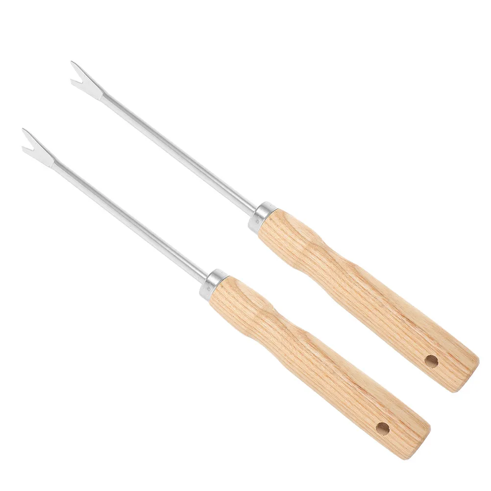 2Pcs Wooden Handle Iron Grass Puller Tool for Dandelion Removal Weeding Soil Loosening Transplanting Seedlings Gardening Tool