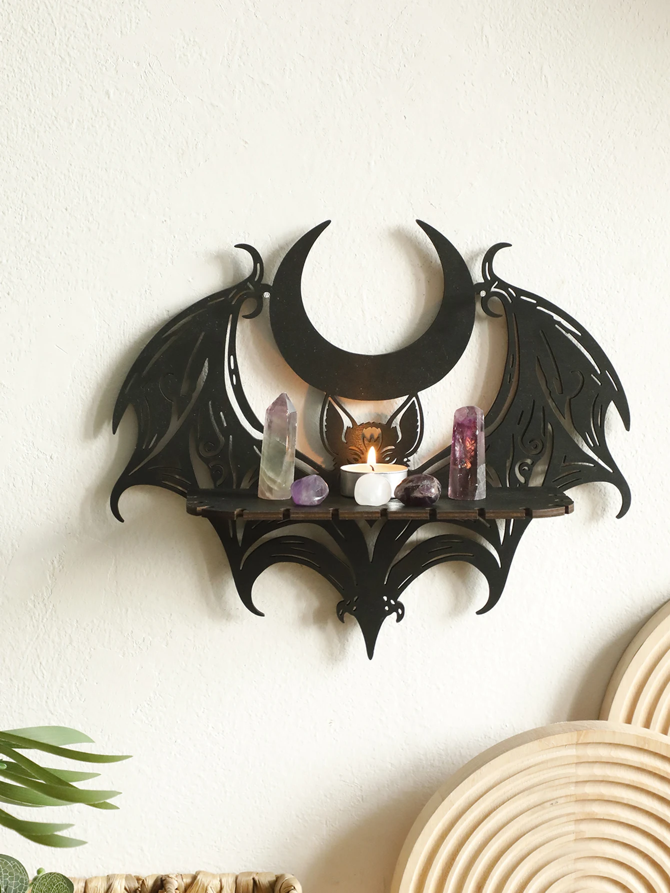 Black Halloween Wooden Wall Shelf Gothic Bat Moon Hollow Pattern Floating Shelf Crystal Holder Goth Home Decor Witch Room Decor