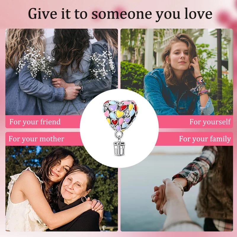 سحر الخرزة 925 الفضة الاسترليني على شكل قلب بالون ملون هدية مربع صالح الإسورة سوار قلادة DIY مجوهرات هدية #5