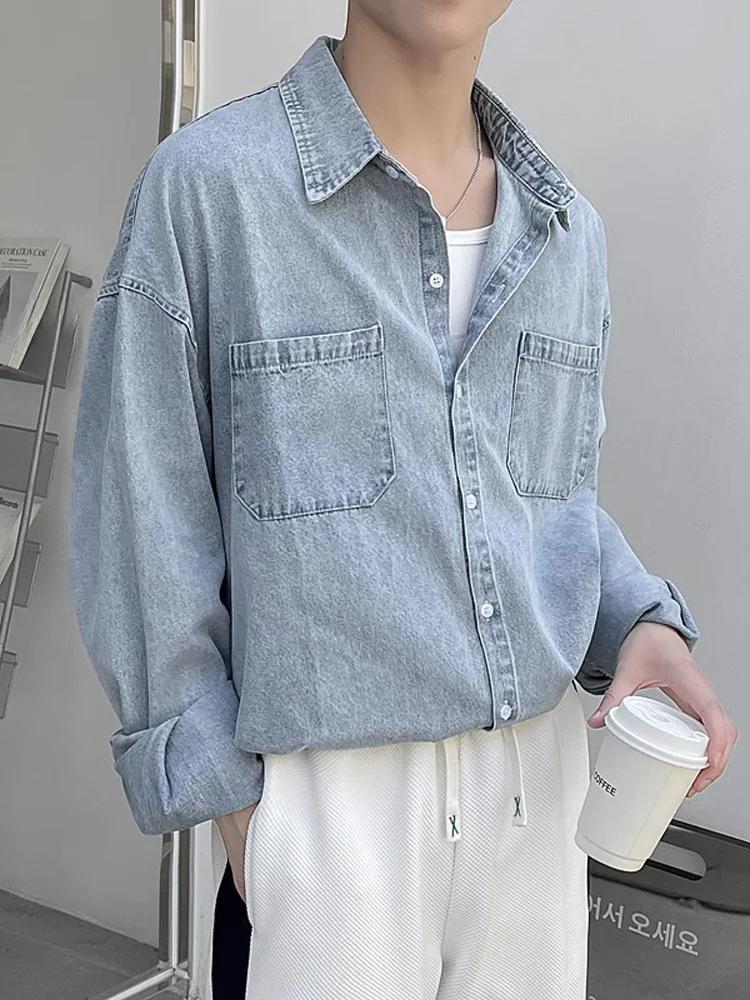 

Trendy Casual Men's Long Sve Denim irt Loose Fit Spring Autumn Design Korean Sle Stand Edition Cotton Polyester Blend