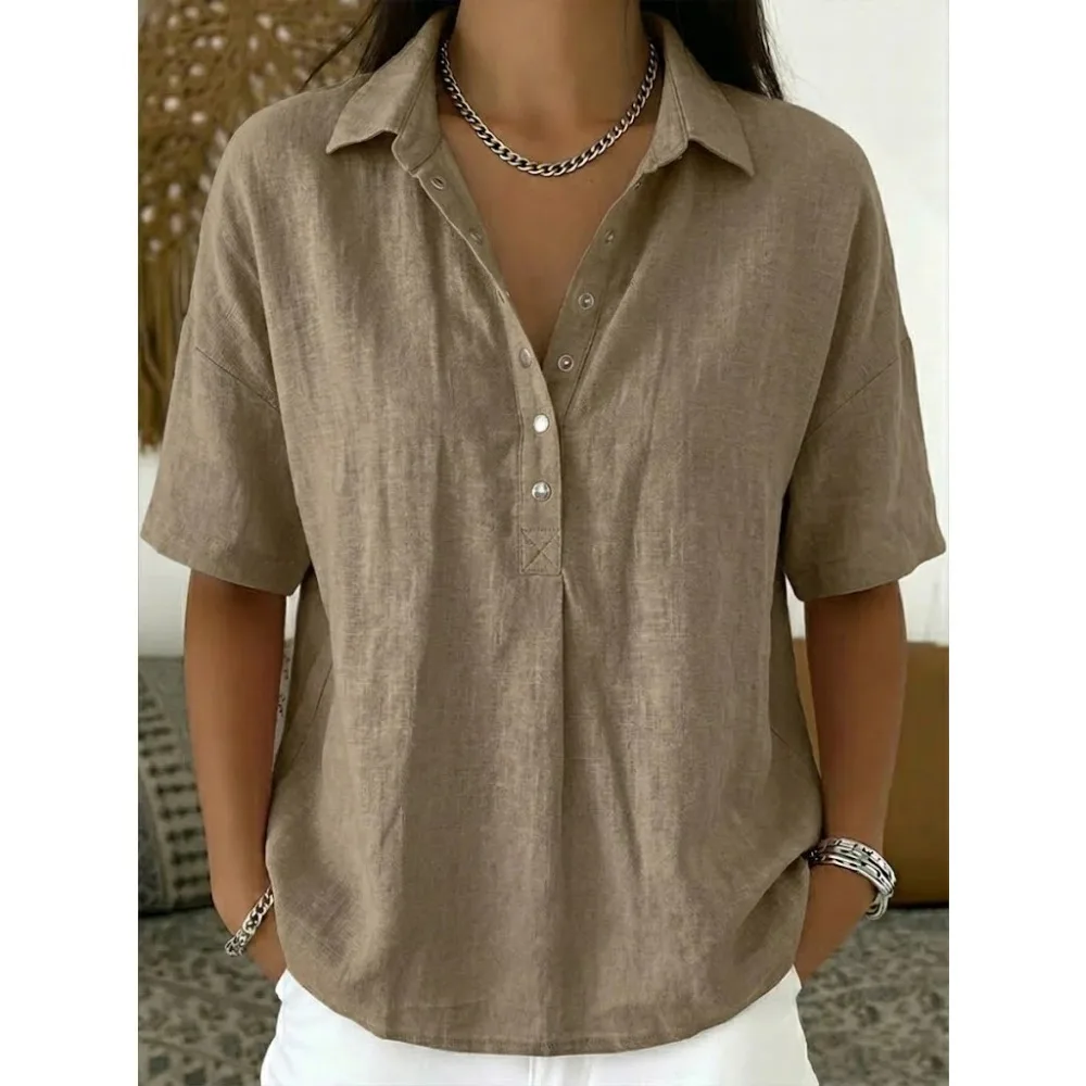 

Women Linen Blouse Casual Short Sleeve Button Down Shirts Summer V Neck Tunic Tops Loose Fit Plain Ramie Tee Shirts