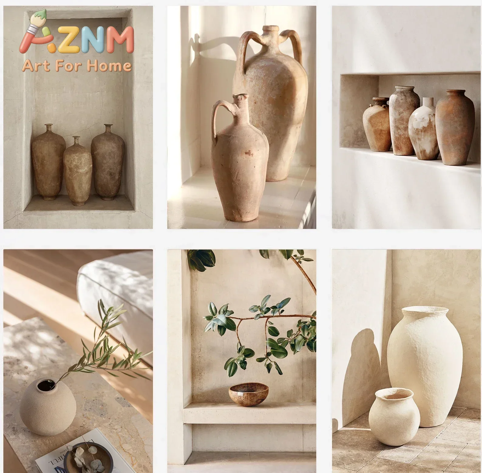 AZNM Frameless Canvas Wall Art Wabi Sabi Vintage Clay Pottery Vase Olive Branch Print Neutral Beige Minimalist Living Room Decor