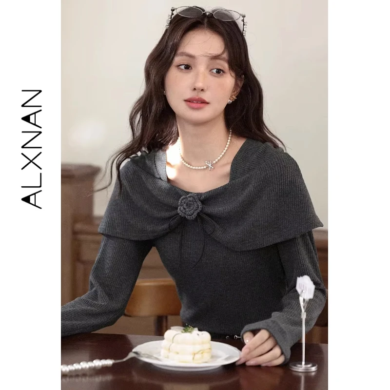 ALXNAN حجم كبير بلوفرات غير رسمية مائل الرقبة انفصال زهرة بروش سليم صالح تريكو لينة لطيف ركاب تاريخ الملابس D58518 #5