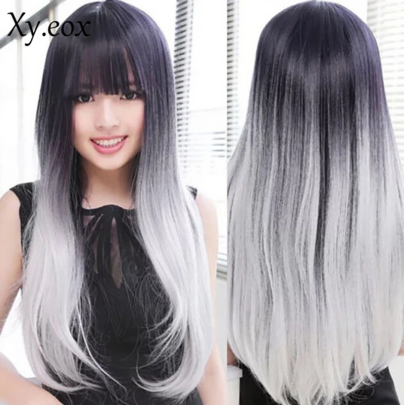 

70cm Womens Black with Silver White Long Straight Hair Anime Cosplay Full Wig