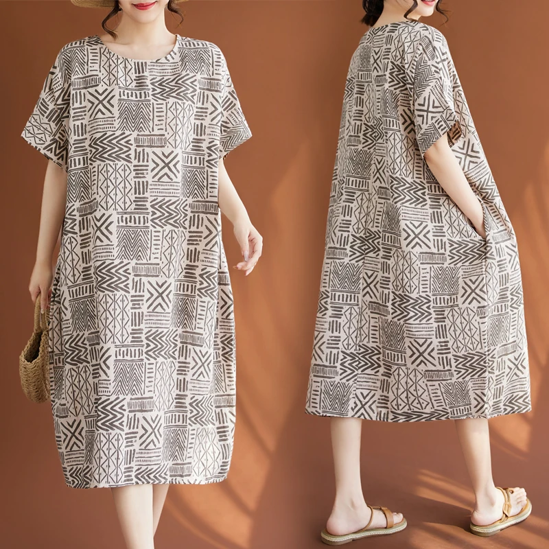 

Casual Cotton Linen Thin round Ne Large Size Women's Dr White Enhancing Retro Artistic Ethnic Sle Mid-Length Skirt