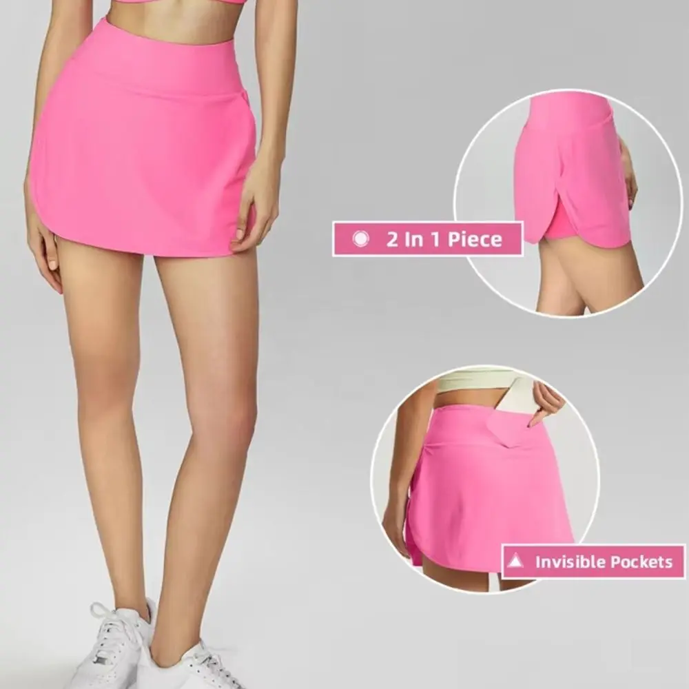 تنانير التنس النسائية الناعمة بدون خياطة قابلة للتنفس مع جيب للهاتف، تنورة جولف رياضية عالية الخصر، سريعة الجفاف، تنورة اللياقة البدنية واليوجا