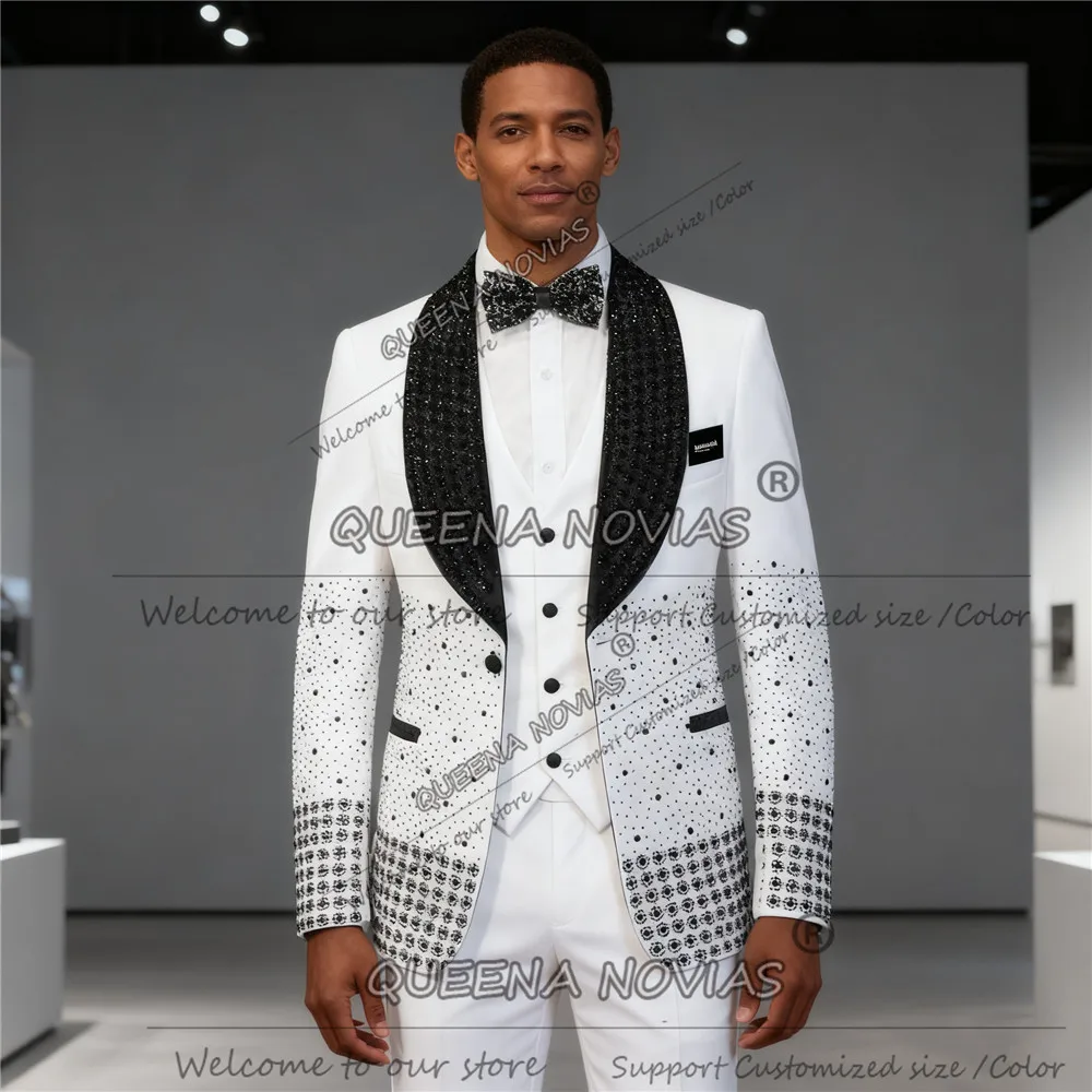 

Black Beaded Crystals Suit Men 3 Pieces Single Breasted Blazer Outfits Customized Groom Wedding Tuxedo trajes para hombre Luxury