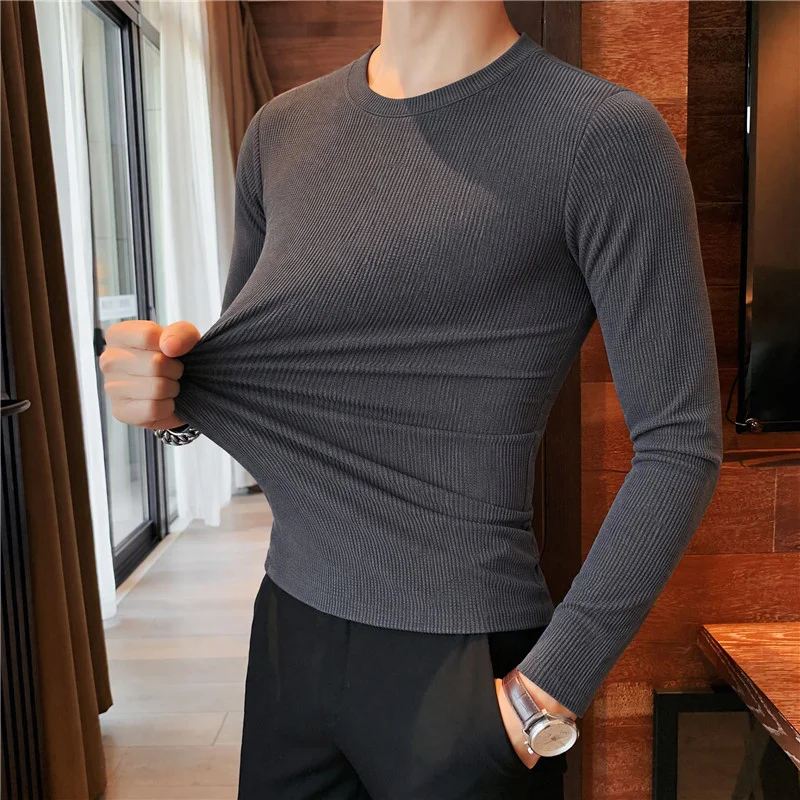 High Elasticity Slim Fit Round Neck Pinstripe T-shirt Men's Long Sleeved Casual T-shirts Solid Color Elastic Pullover 4XL-M