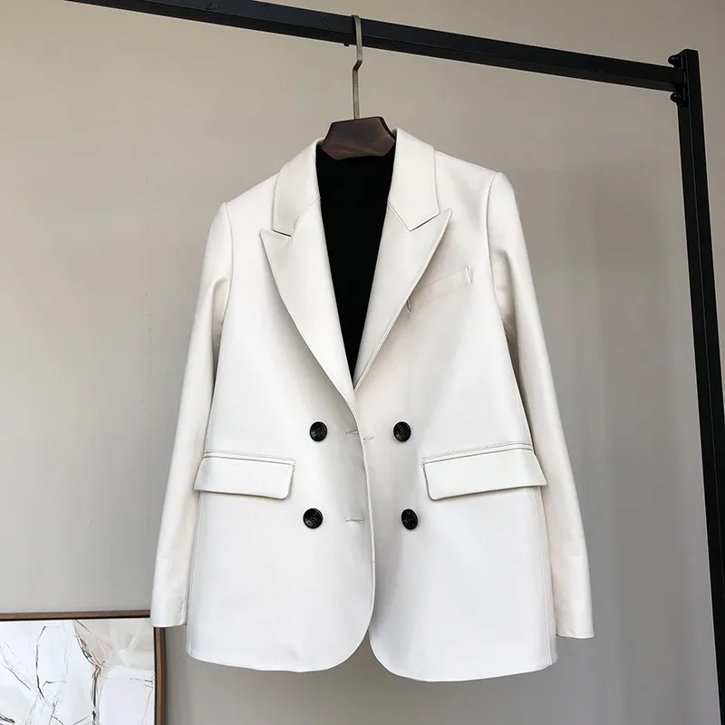 

New 2026 Women Leather Coat Spring Fashion Sheepskin Double Breasted Blazer Coat