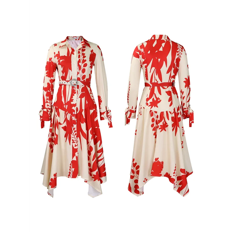 【SEE】Abito floreale autunnale da donna Boho a maniche lunghe con risvolto Midi vestito fluido