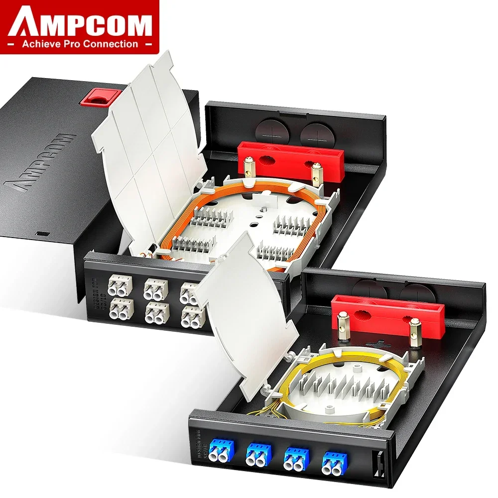 AMPCOM LC Screwless Embedded Wall Mount Fiber Enclosure with Couplers and Pigtails,Multimode/Singlemode,4/8 Ports,12/16-Core