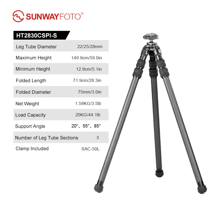 SUNWAYFOTO HT2830CSPI koolstofvezelstatief met omgekeerde poten en balhoofd, Arca-Swiss Picatinny Rail-adapterklem, 150 cm hoog
