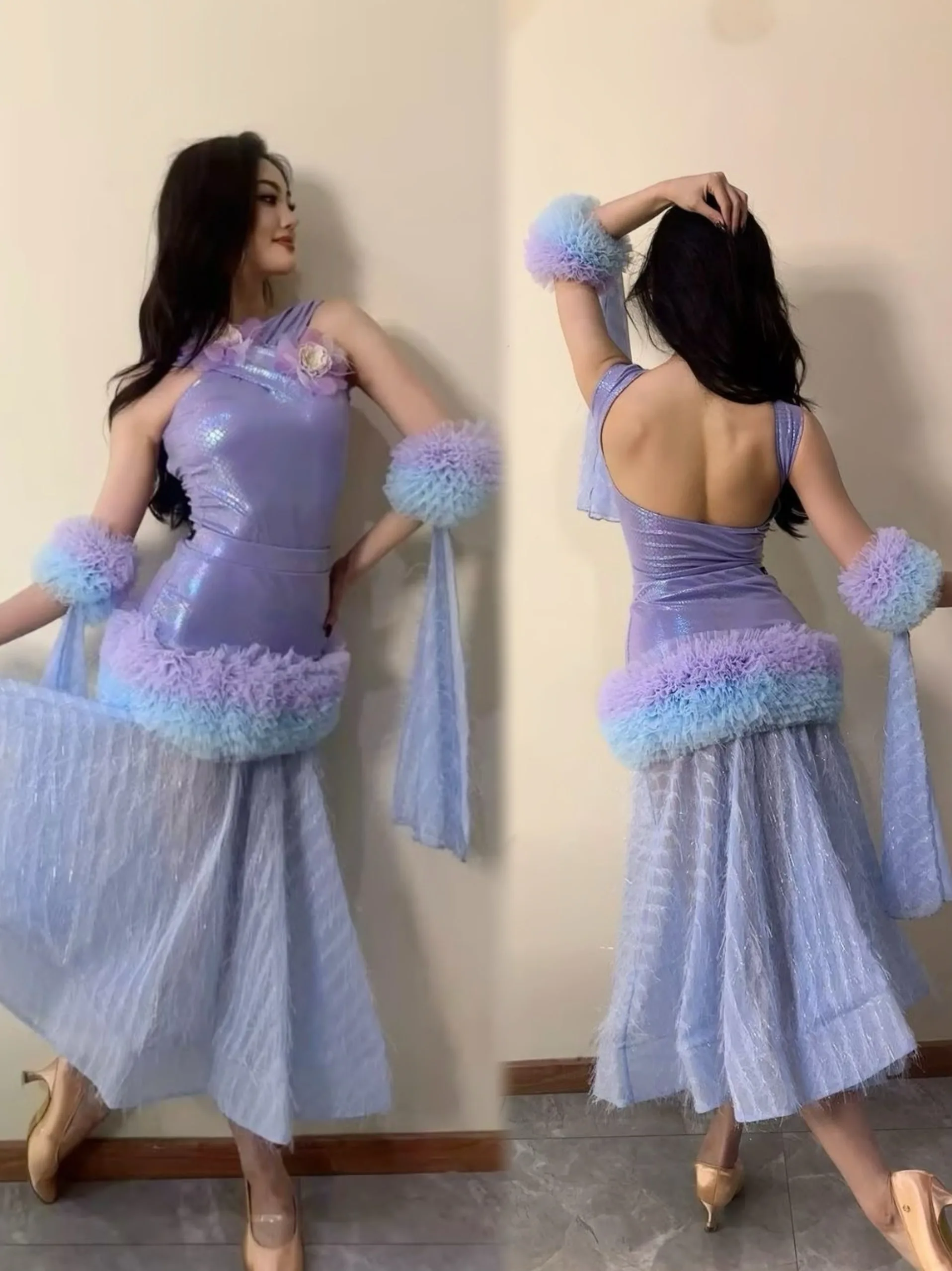 

Waltz Dance Modern Dance Clothes Women National Standard Dance Leather Purple Cross Neck Split Dress Ballroom Dance Wear DN20639