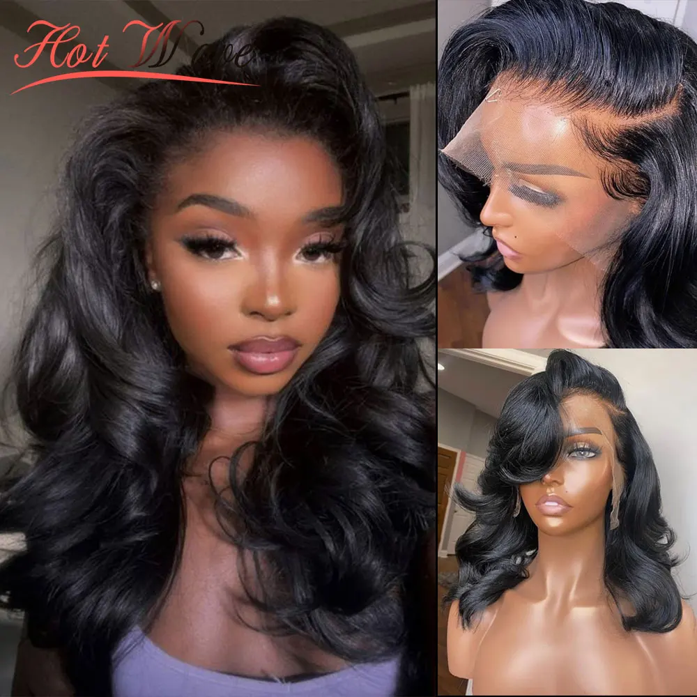 HOTWAVE 16Inch HD Transparent Short Bob Body Wave 180 Density Side Part Frontal Lace Wigs 100% Human Hair For Women