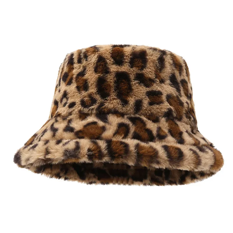 Woman Winter Show Face Little Leopard Print Fisherman Hat Woman Versatile Warm Pot Hat Ins Plush Bucket Hat