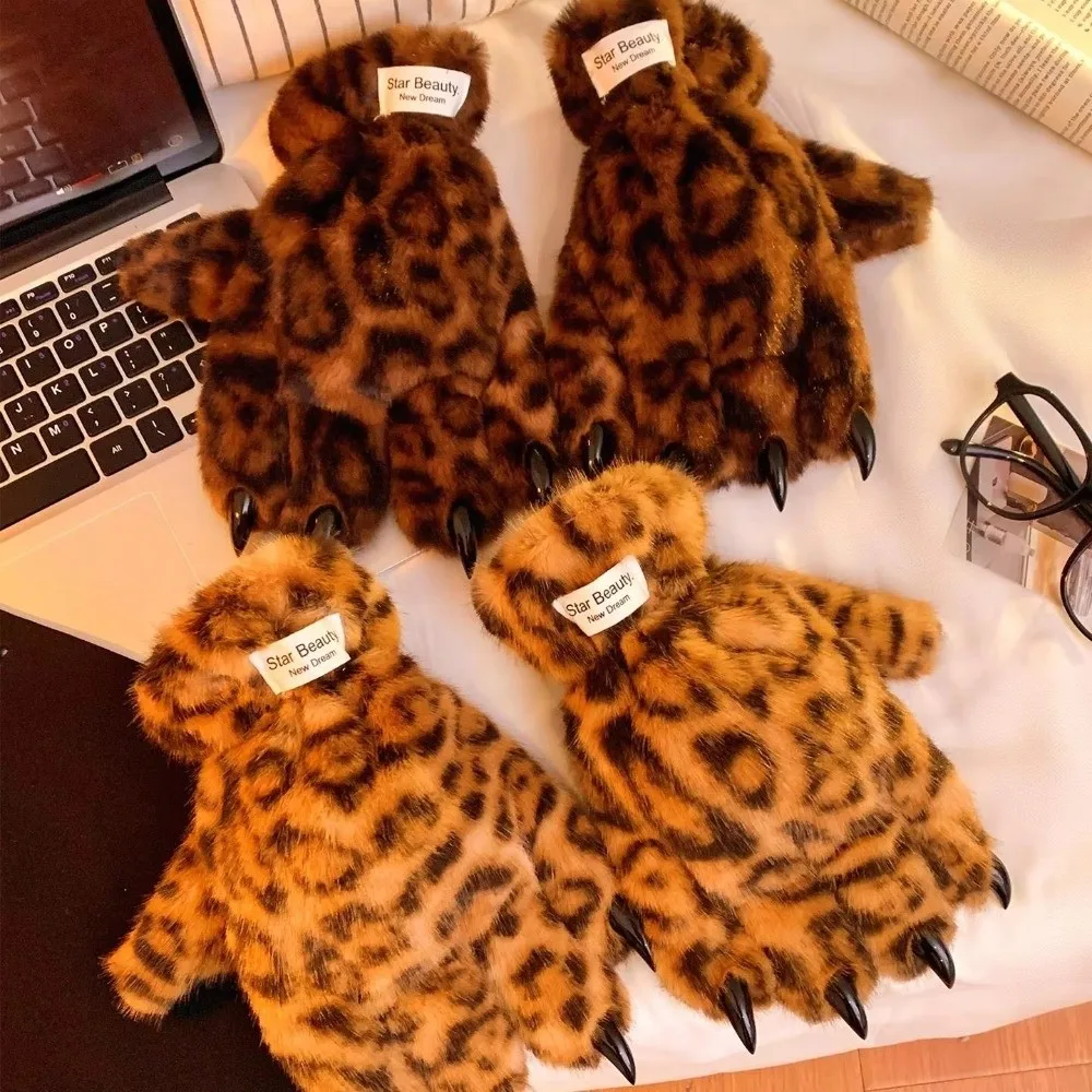 Gants en fourrure chauds d'hiver, accessoires de cosplay cool pour filles, gants à griffes de tigre, gants épais à imprimé léopard, gants à cinq doigts pour femmes, cadeau