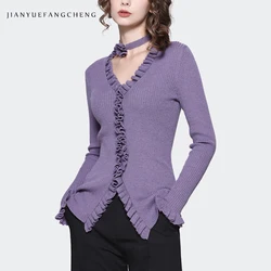 Women' Light Purple Skinny Wool Sweater With Detchable Flower Necktie Long Sleeve V-neck Ruffles Autumn Winter Knitted Tops