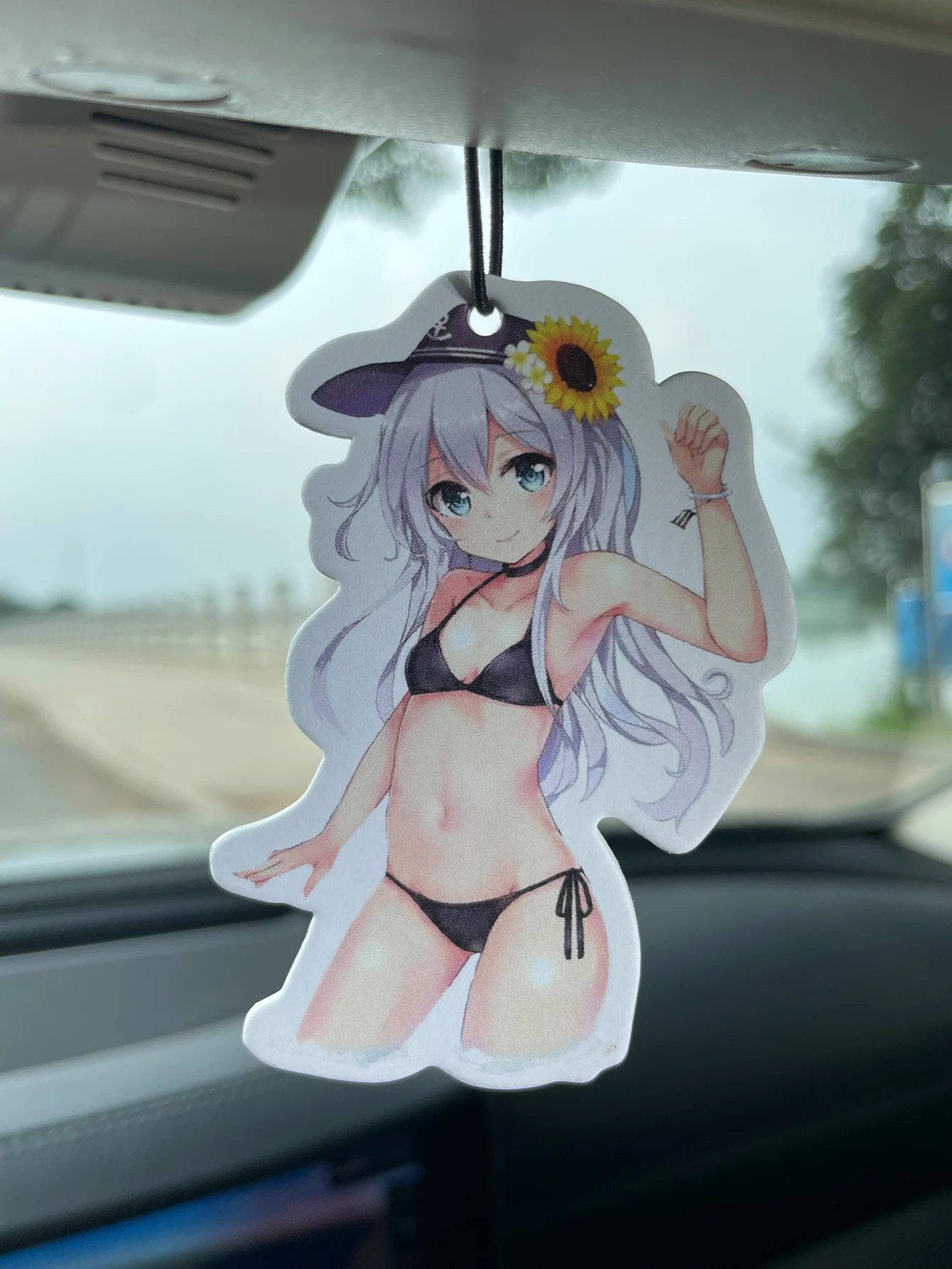 Anime Silver Hair Bikini Girl with Sunflower Hanging Car Air Freshener, Natural Plant Extract Scented Paper Air Freshener, Alcoh