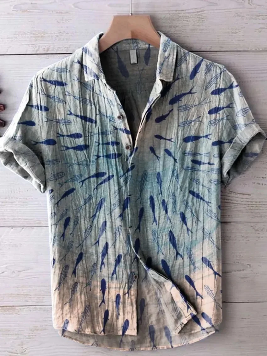 

Summer Men's Casual Sea Life Graphic Short Sleeved Shirt Button Down Lapel Shirts Oversized Tops Casual Hawaiian Shirt for Men