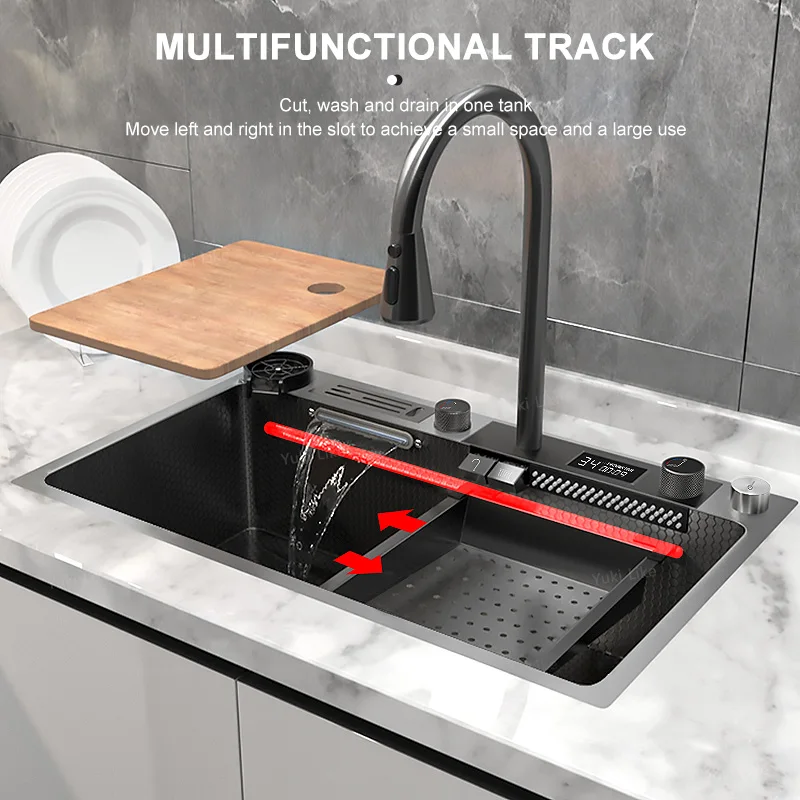 Fregadero de cocina de acero inoxidable en cascada, lavabo grande en relieve de una sola ranura, tanque multifuncional para Cocina