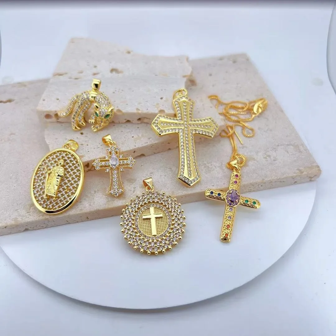 

DIY Necklace Making Supplies Christian Pendant Inlaid Zircon Cross Cheetah Copper Plated Gold Color Jewelry Accessories 2 Pieces