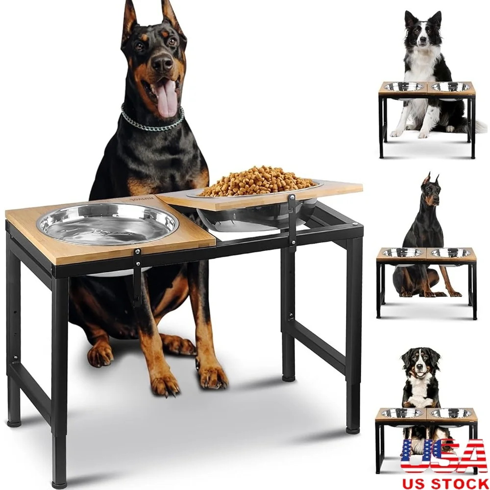 

Elevated Dog Bowls Large Breeds Adjustable Tilted Bamboo Metal Stand easy clean ergonomic design 4500ML capacity