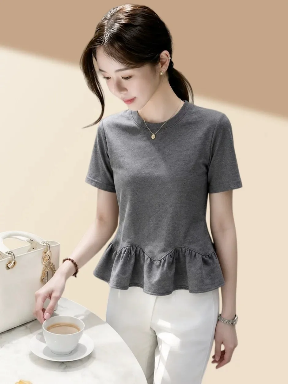 Slim Fit round Neck Short Sleeve T-Shirt Women's Summer Breathable Sweat Absorbent Splice Short Top Large Size Minimalist Style