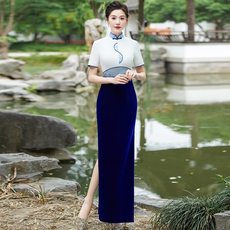 2026 chinese traditional dress improved velvet patchwork cheongsam stage performance qipao dress banquet evening dress vestido