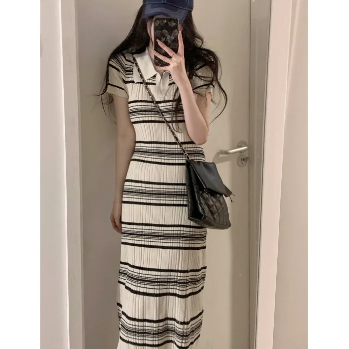 Korean Series Stripe Polo Collar Knitted dress Women 2024 Summer New Elegant Slim fit Slimming Short