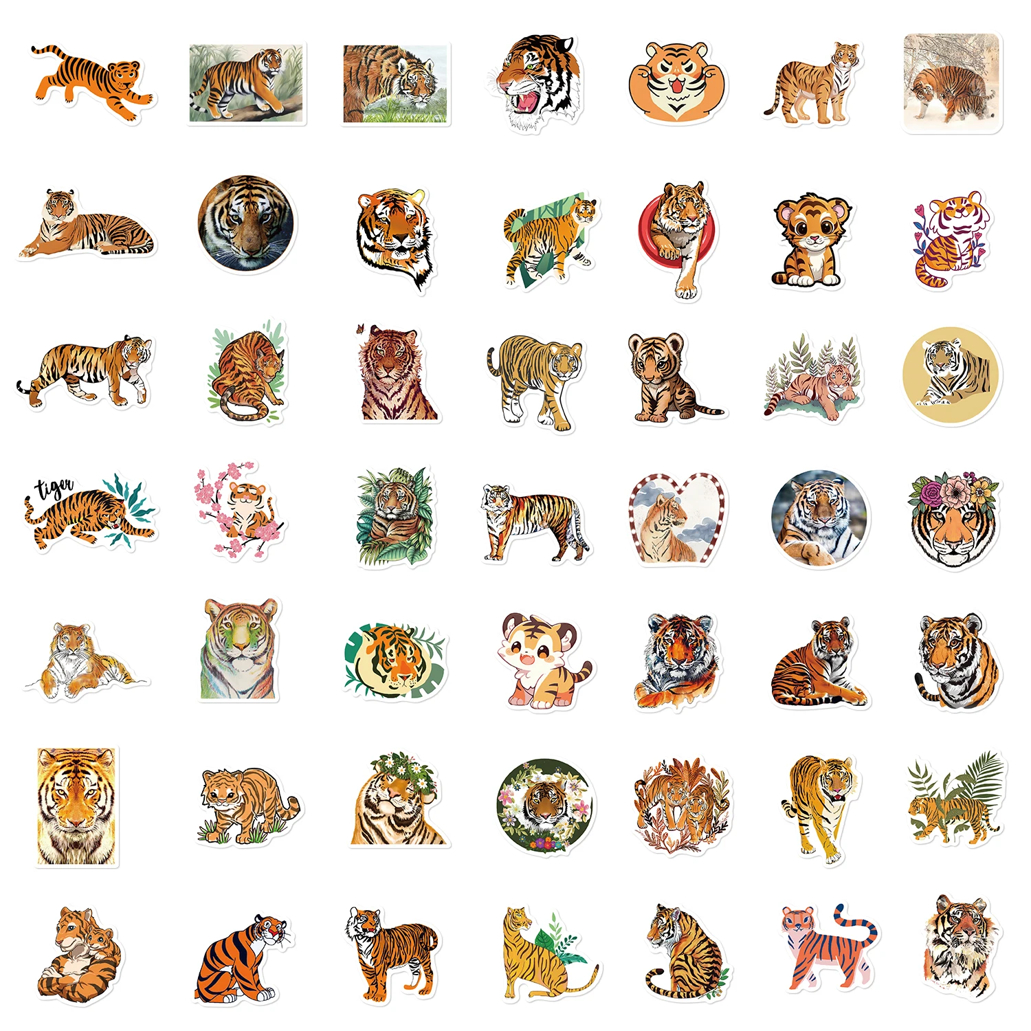 50PCS Creative Cartoon Cute Tiger Animal Stickers Decoration DIY Laptop Scrapbook Skateboard Graffiti Waterproof Sticker Toy