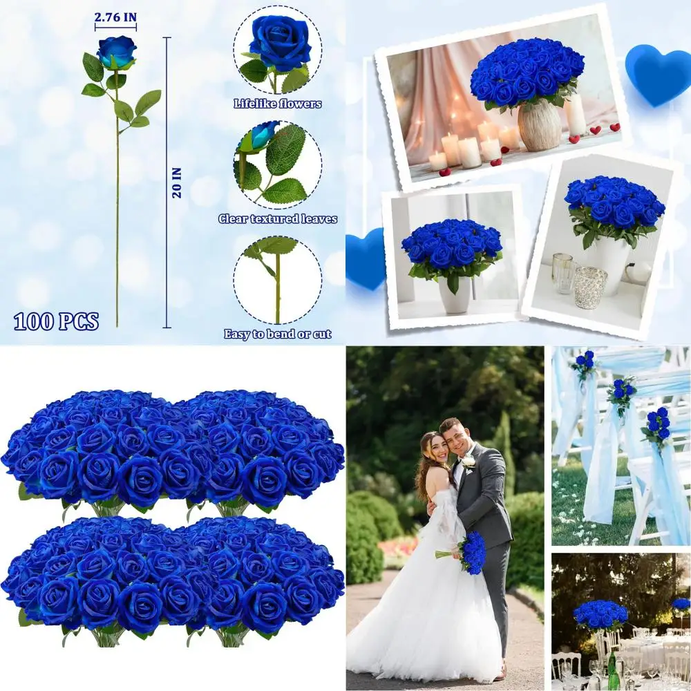 

100шт искусственные бархатные синие розы с длинными стеблими для свадеб, центральных элементов и домашнего декора