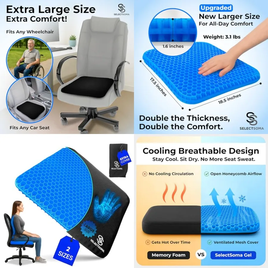 

Super Large Gel Seat Cushion for Long Sitting - 18.5 x 17.5 - Breathable Cooling Design - Pressure Relief for Sciatica, Tailbon